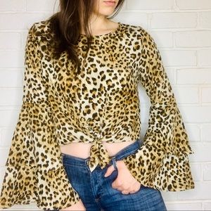Tie Front Leopard Peasant Long Sleeve Crop Top Med